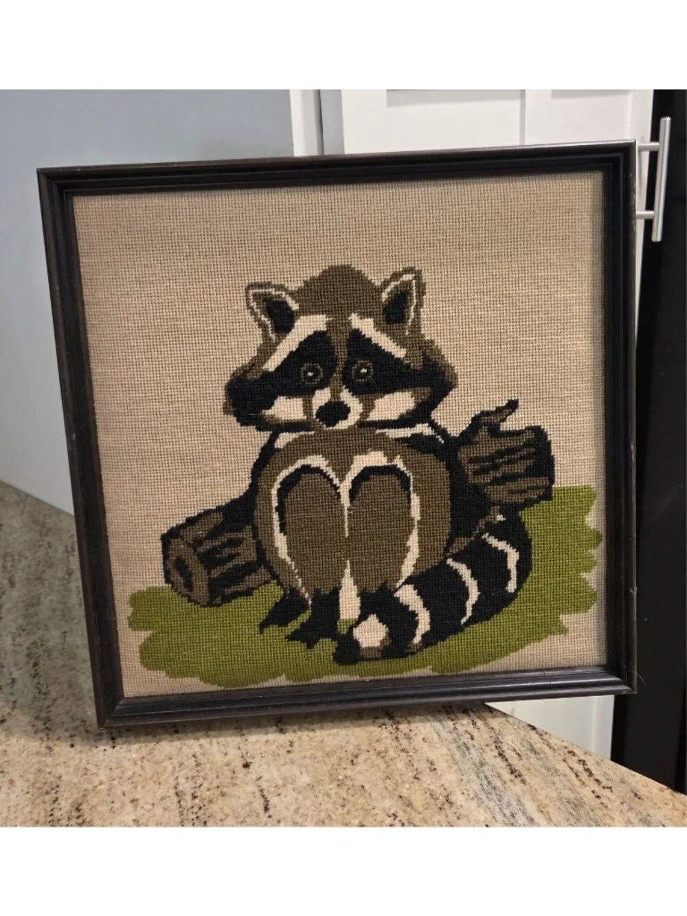VTG MCM Sitting Raccoon Log Crewel 15” Framed Picture/Pillow Top Green Brown